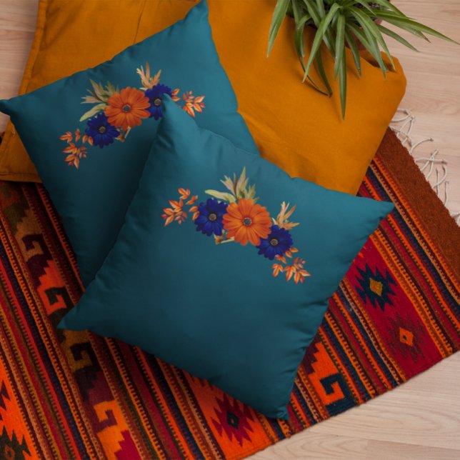 Coussin Rustique Automne Orange Navy Bleu Floral (Créateur téléchargé)