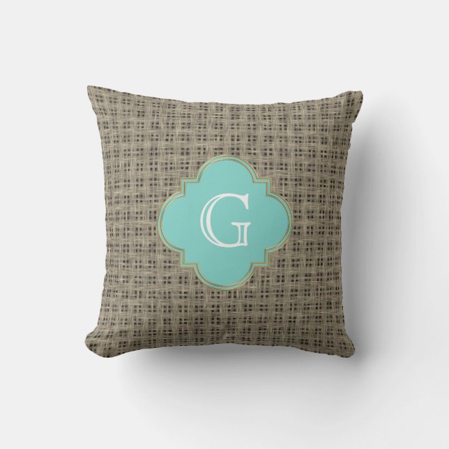 Coussin Rustique Burlap Look, Monogramme Turquoise (Recto)
