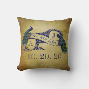 Coussin rustique d'amoureux de mariage de paon