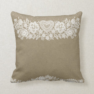Coussin Rustique Kraft & Dentelle Blanche Élégance Campagn