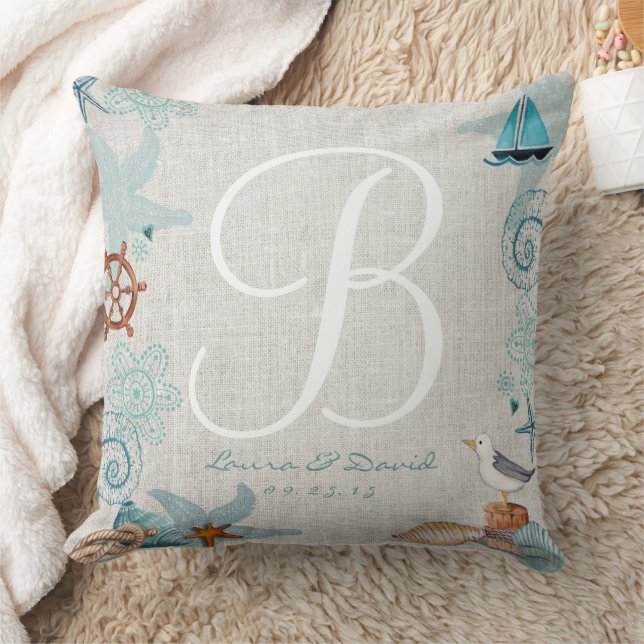 Coussin Sable nautique élégant & bleu été Plage Mariage (Couverture)
