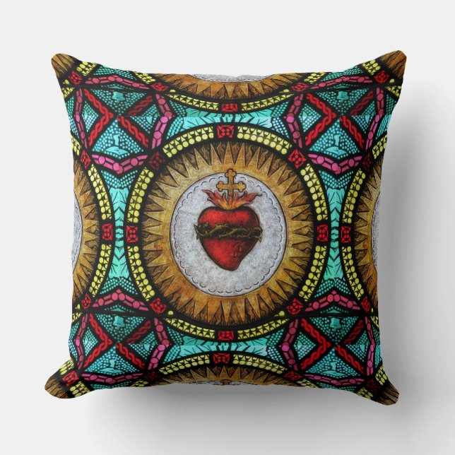 Coussin Sacré Coeur religieux de Jésus Vitrail (Recto)