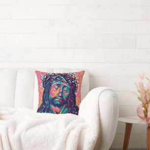 Coussin Sad Jesus Christ Face Thorn Crown Abstract art
