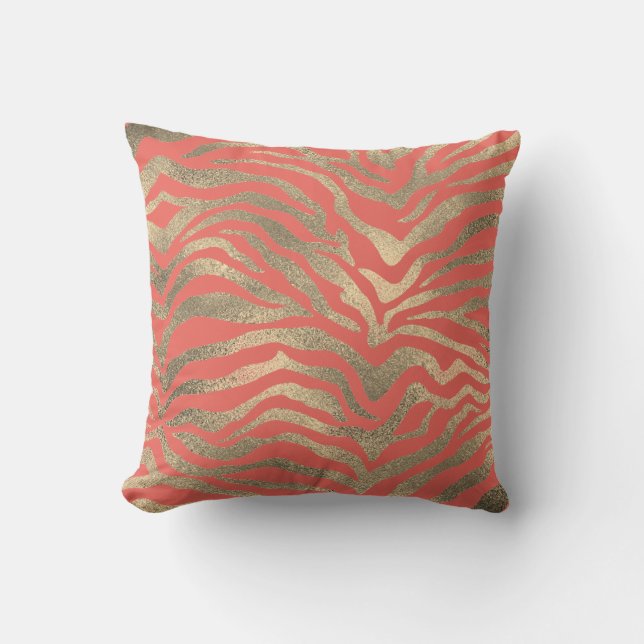 Coussin Safari African Gold Glam Zebra Animal Skin Coral (Recto)