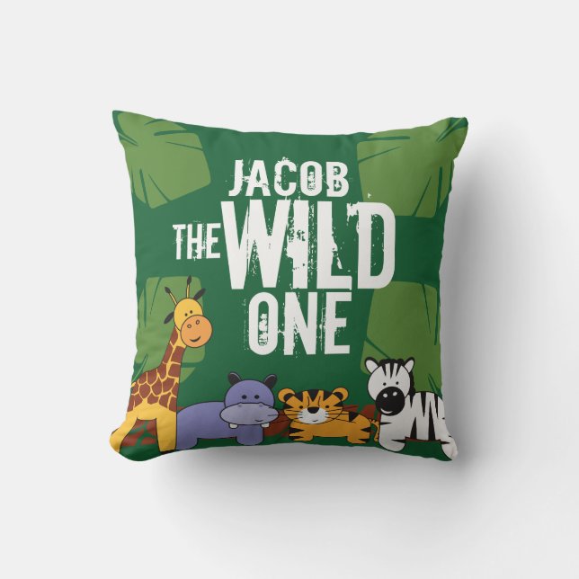 Coussin Safari vert personnalisé animaux de la jungle (Recto)