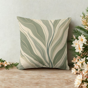 Coussin Sage Green et Crème Abstrait Feuille Motif