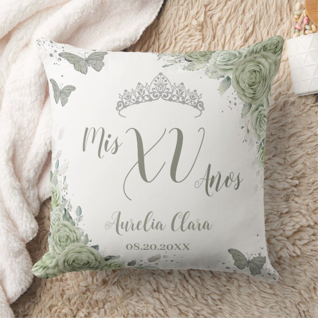 Coussin Sage Green Floral Quinceanera XV 15 Papillons (Couverture)