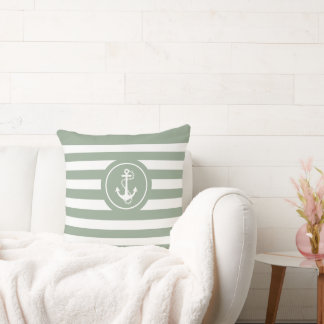 Coussin Sage-Green & White Stripes Ancre nautique