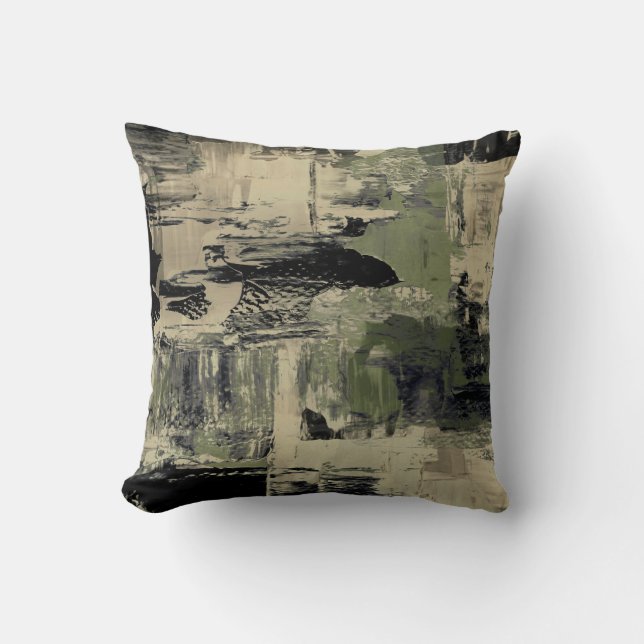 Coussin Sage Noir & Beige Abstrait Peinture Design (Recto)