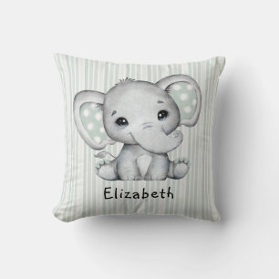 Coussin Sage Vert Aquarelle Eléphant Baby shower neutre