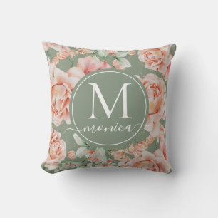 Coussin Sage Vert Floral Aquarelle Rose Motif Monogramme