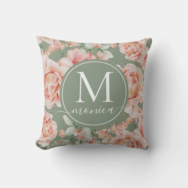 Coussin Sage Vert Floral Aquarelle Rose Motif Monogramme (Recto)