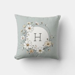 Coussin Sage Vert Monogramme Fleurs Boho Personnalisées