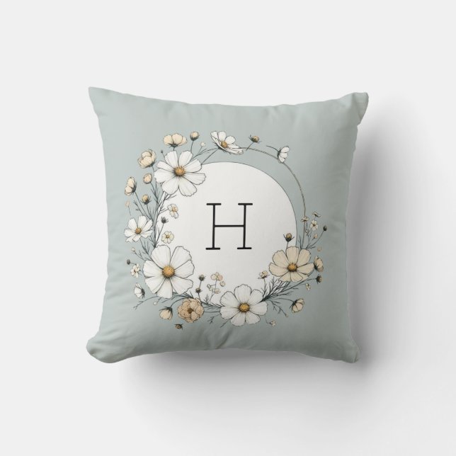 Coussin Sage Vert Monogramme Fleurs Boho Personnalisées (Recto)