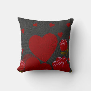 Coussin Saint Valentin, coeur rouge, rose rouge sur gris