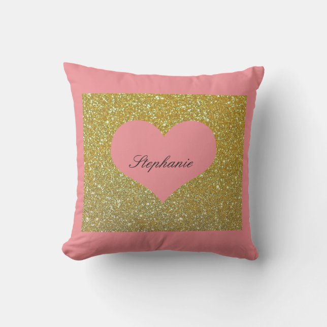 Coussin Saint-Valentin Or Rose Glitter Monogramme Coeur (Recto)