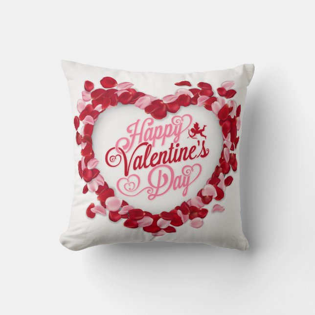 Coussin Saint-Valentin Rouge Rose Rose Pétales Coeur Blanc (Recto)