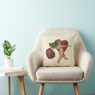 Coussin Saint-Valentin vintage cherub et rose victorienne