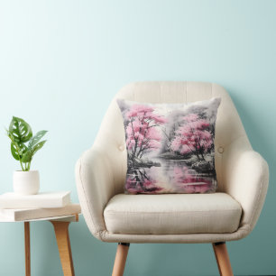 Coussin Sakura sur la peinture à l'encre de rivière