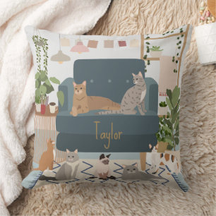Coussin Salon de chat pour chats cosy pastel et plantes d'