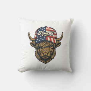 Coussin Salut Vache Highland Patriotique Design Western Vi