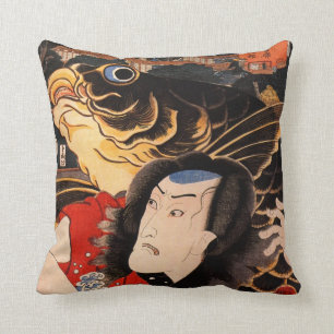 Coussin Samouraïs et poissons japonais de Koi