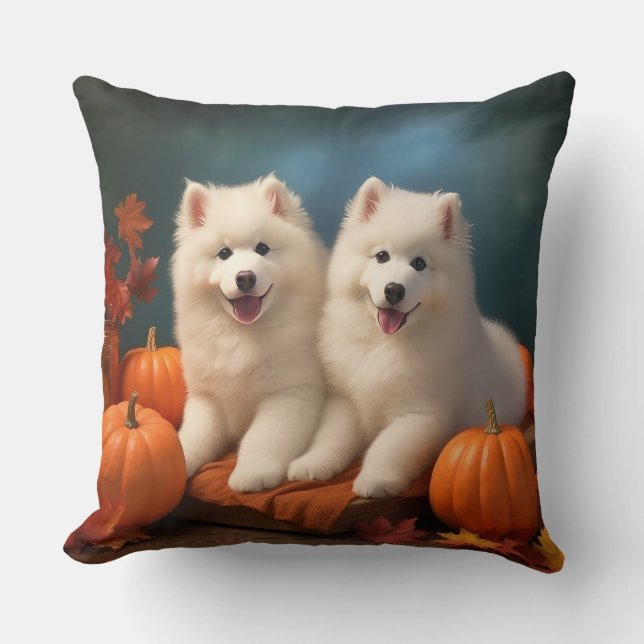 Coussin Samoyed Chiot Automne Citrouille de plaisir (Recto)