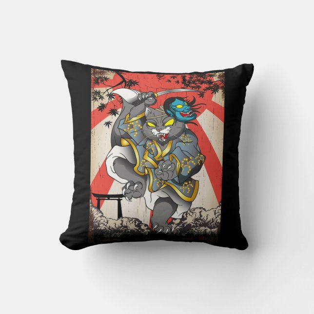 Coussin Samurai Japonais Chat Swordsman Ninja Kitten (Recto)