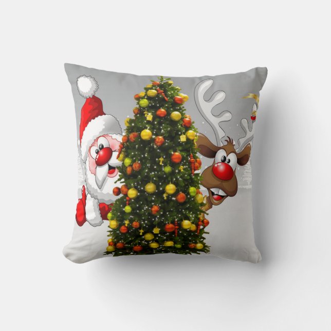 Coussin Santa claus and reindeer behind a christmas tree.j (Recto)