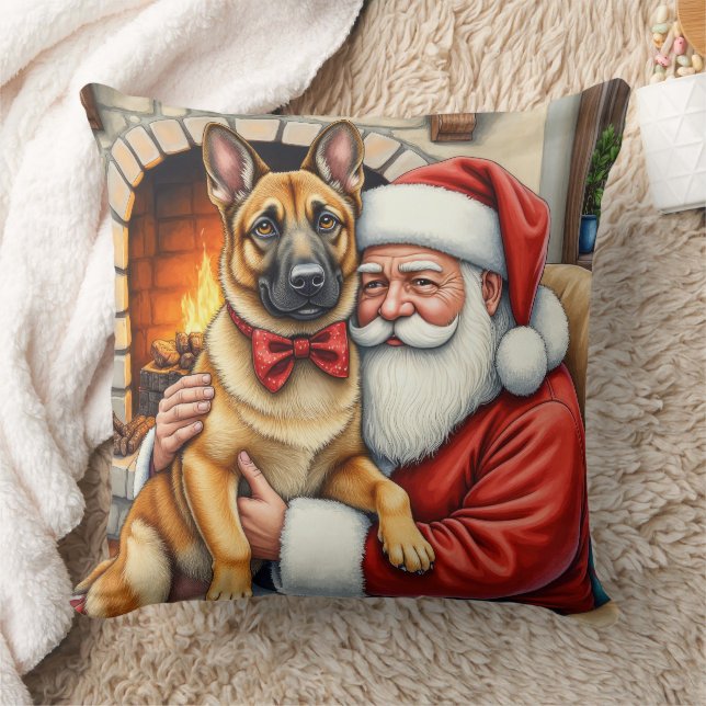 Coussin Santa Claus Holding Belgian Malinois Christmas Art (Couverture)