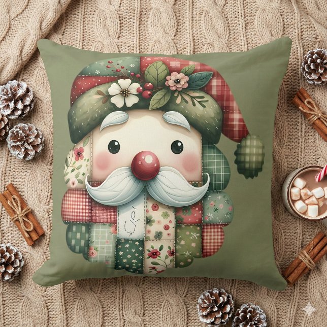 Coussin Santa folklorique patchwork fantaisiste de Noël (Whimsical Patchwork Santa Folk Christmas Throw Pillow)