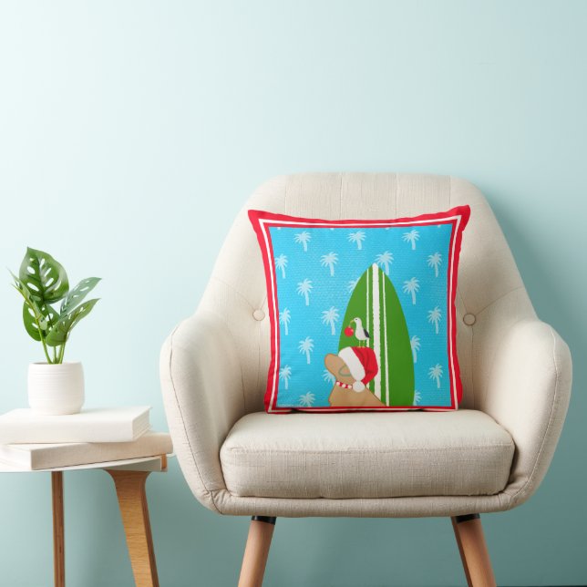 Coussin Santa Golden Surfboard Dog Seagull Christmas (Chaise)