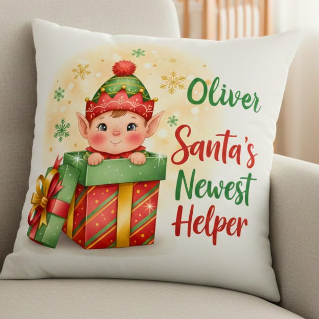 Coussin Santa’s Newest Helper Christmas Cute Elf Gift Box (Créateur téléchargé)