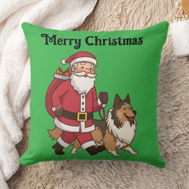 Coussin Santa walking a Collie Christmas Throw Pillow (Couverture)