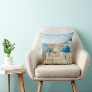 Coussin Santorin Grèce Aquarelle Église à Dôme Bleu