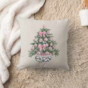 Coussin Sapin de Noël à motifs chinoiserie rose et vert pr