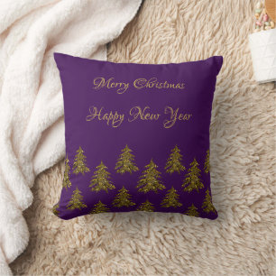 Coussin Sapin de Noël doré scintillant sur fond violet de 