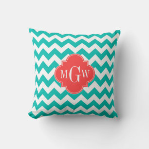 Coussin Sarcelle Blanc Chevron Corail Quatrefeuille 3 Mono