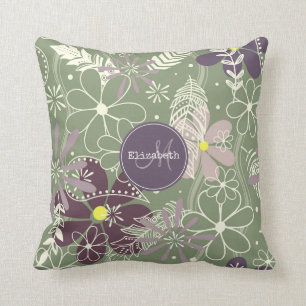 Coussin sauge prune violet plumes lilas fleurs motif