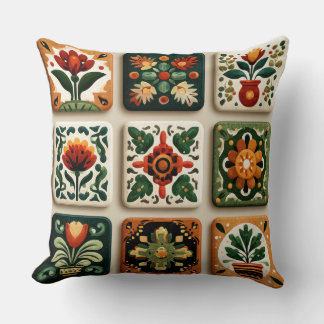 Coussin Scandinavian Folk Floral Tile Pattern Throw Pillow