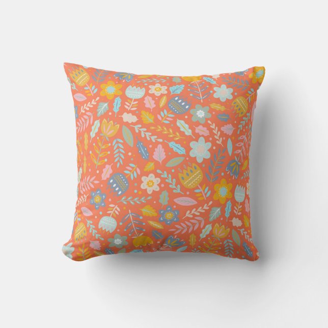 Coussin Scandinavie Folk Floral Motif en Orange  (Recto)