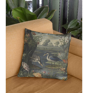 Coussin Scène botanique de grues bleues au bord d'une rivi