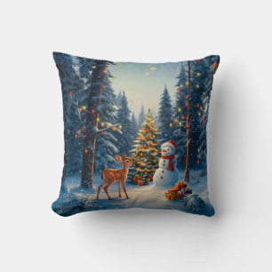 Coussin Scene d'arbre de Noël Cute Deer Fawn Snowman