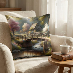 Coussin Scène de cottage de pont printanier Cottagecore