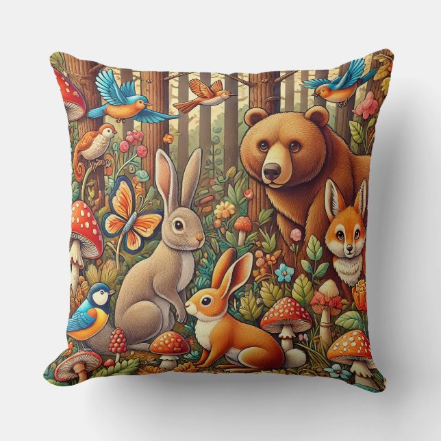 Coussin Scène de forêt vibrante avec faune (Recto)