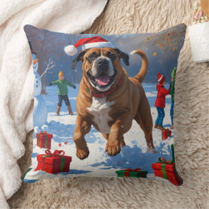 Coussin Scène de neige festive de Noël avec un Bullmastiff