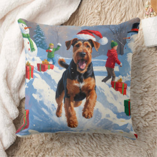 Coussin Scène de neige festive de Noël d'Airedale