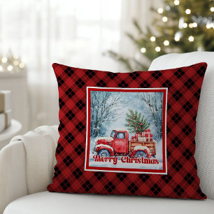 Coussin Scène de Noël festive et rustique avec un camion r