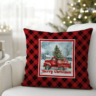 Coussin Scène de Noël joyeuse avec camion rouge rustique f