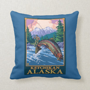 Coussin Scène de pêche de mouche - Ketchikan, Alaska